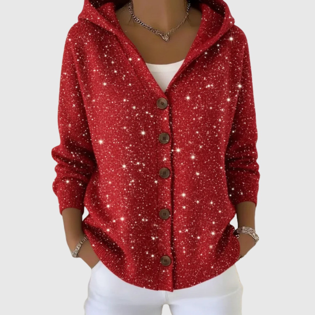 Chaqueta de punto con capucha roja, botones delanteros y manga larga