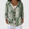 Chaqueta de punto con capucha verde estampada, botones marrones y manga larga
