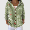 Chaqueta de punto con capucha verde, botones al frente y estampado de árboles y lazos
