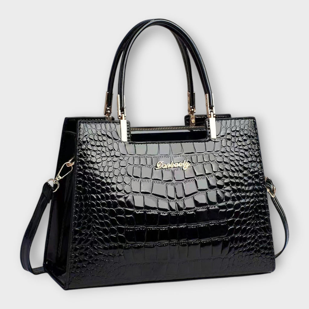 Bolso de piel efecto cocodrilo negro con asas superiores y bandolera