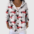 Chaqueta de punto con capucha estampada, color claro, cierre con botones y bolsillo