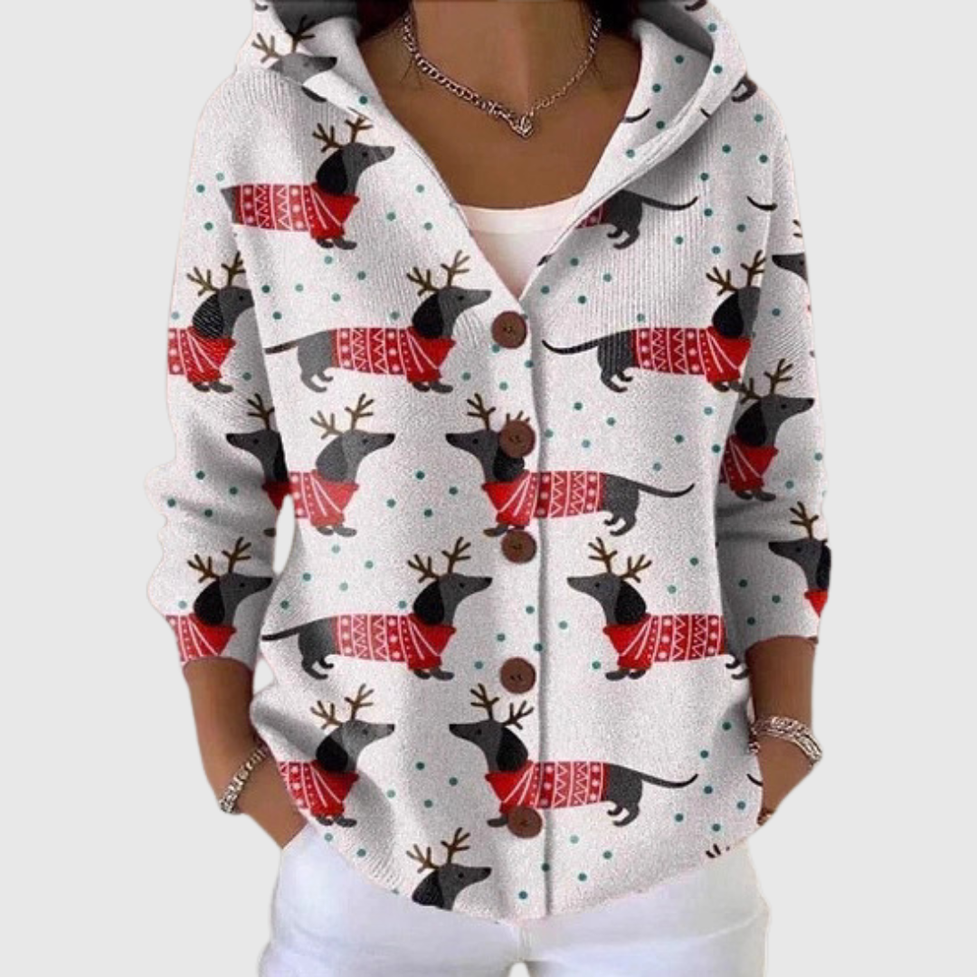 Chaqueta de punto con capucha estampada, color claro, cierre con botones y bolsillo