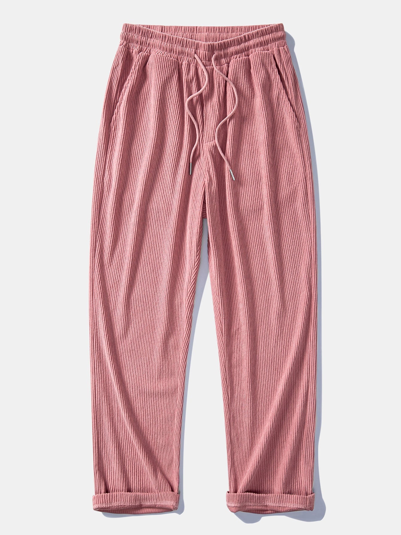 Pantalón recto de pana rosa claro, cintura elástica con cordón y bolsillos laterales.