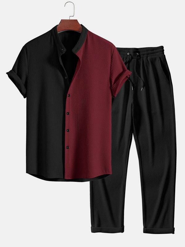 Conjunto de camisa y pantalón acanalados bicolor negro y burdeos.