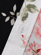 Camisa floral bicolor; botón blanco en tapeta con hojas y rosas en tonos rosados
