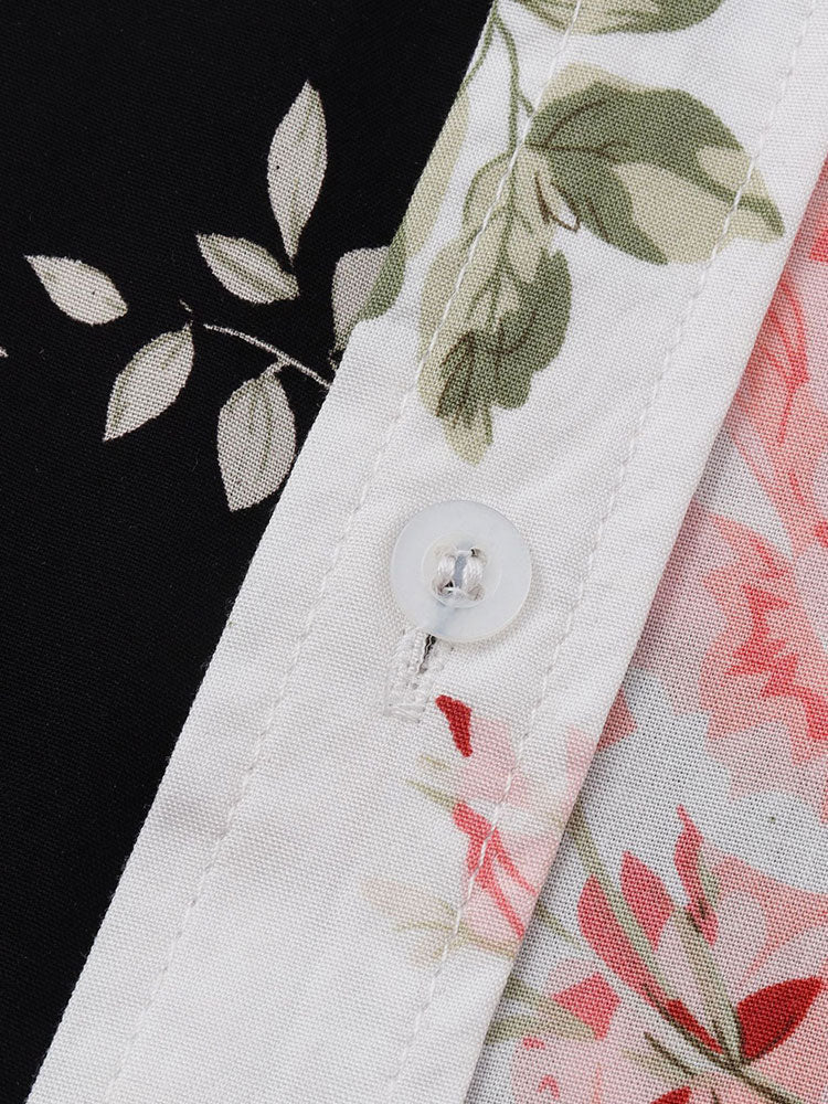 Camisa floral bicolor; botón blanco en tapeta con hojas y rosas en tonos rosados