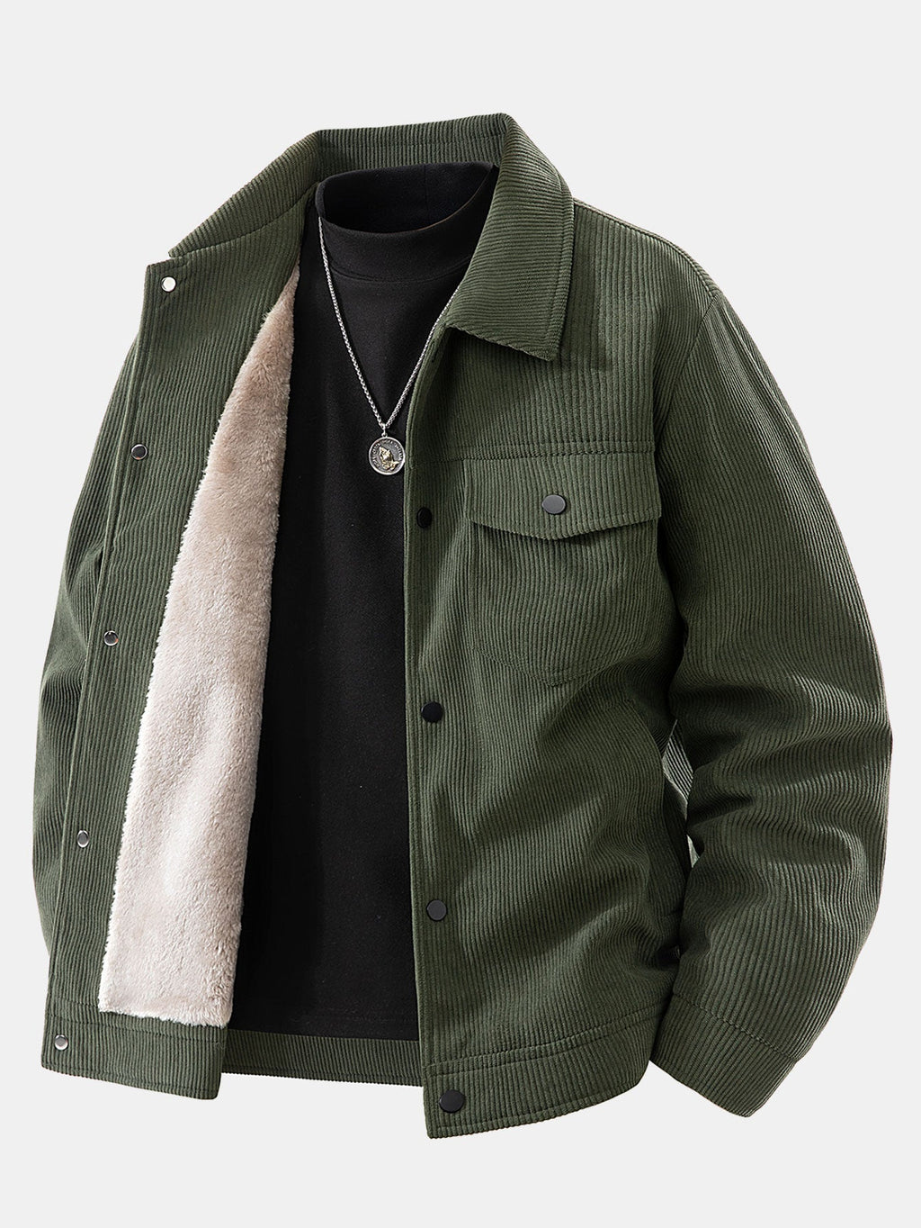 Chaqueta de pana verde oscura con forro teddy beige visible y cierre frontal con botones.