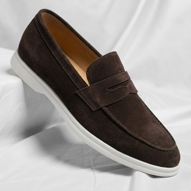 Mocasines PENNY para hombre color marrón oscuro, con tira al frente y suela blanca