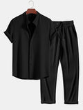 Conjunto de camisa manga corta y pantalón recto acanalados, negro.