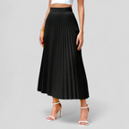 Falda plissada midi negra con cintura elástica, plisado vertical y largo a media pierna