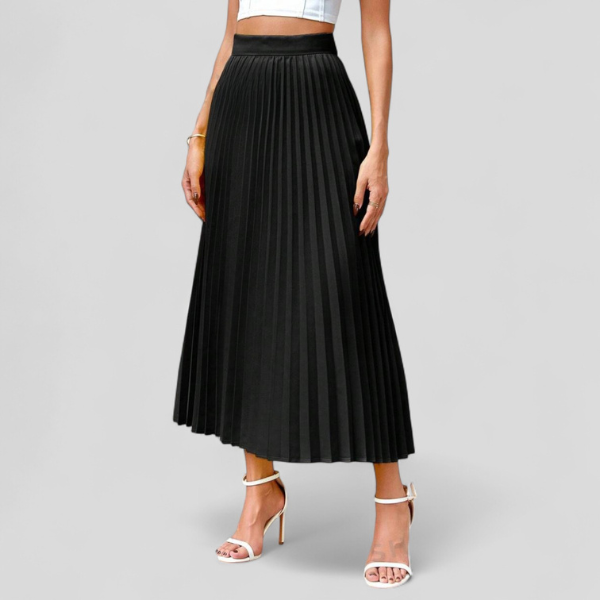Falda plissada midi negra con cintura elástica, plisado vertical y largo a media pierna