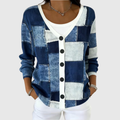 Chaqueta de punto con botones, paneles patchwork azul y claro, cuello en V