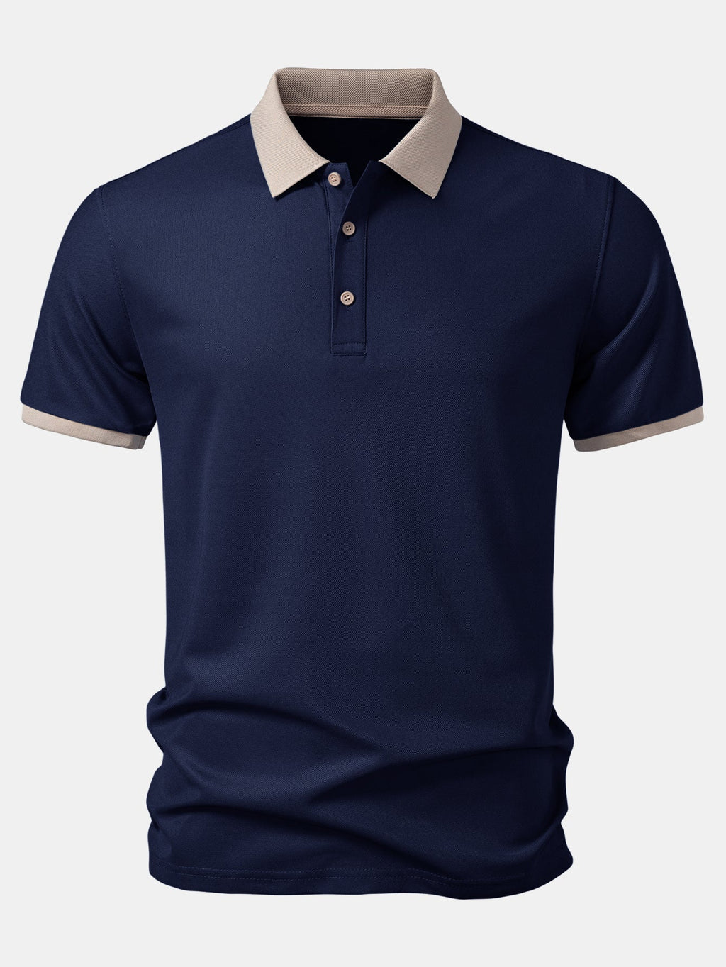 Camiseta polo azul marino con cuello beige y tapeta con botones