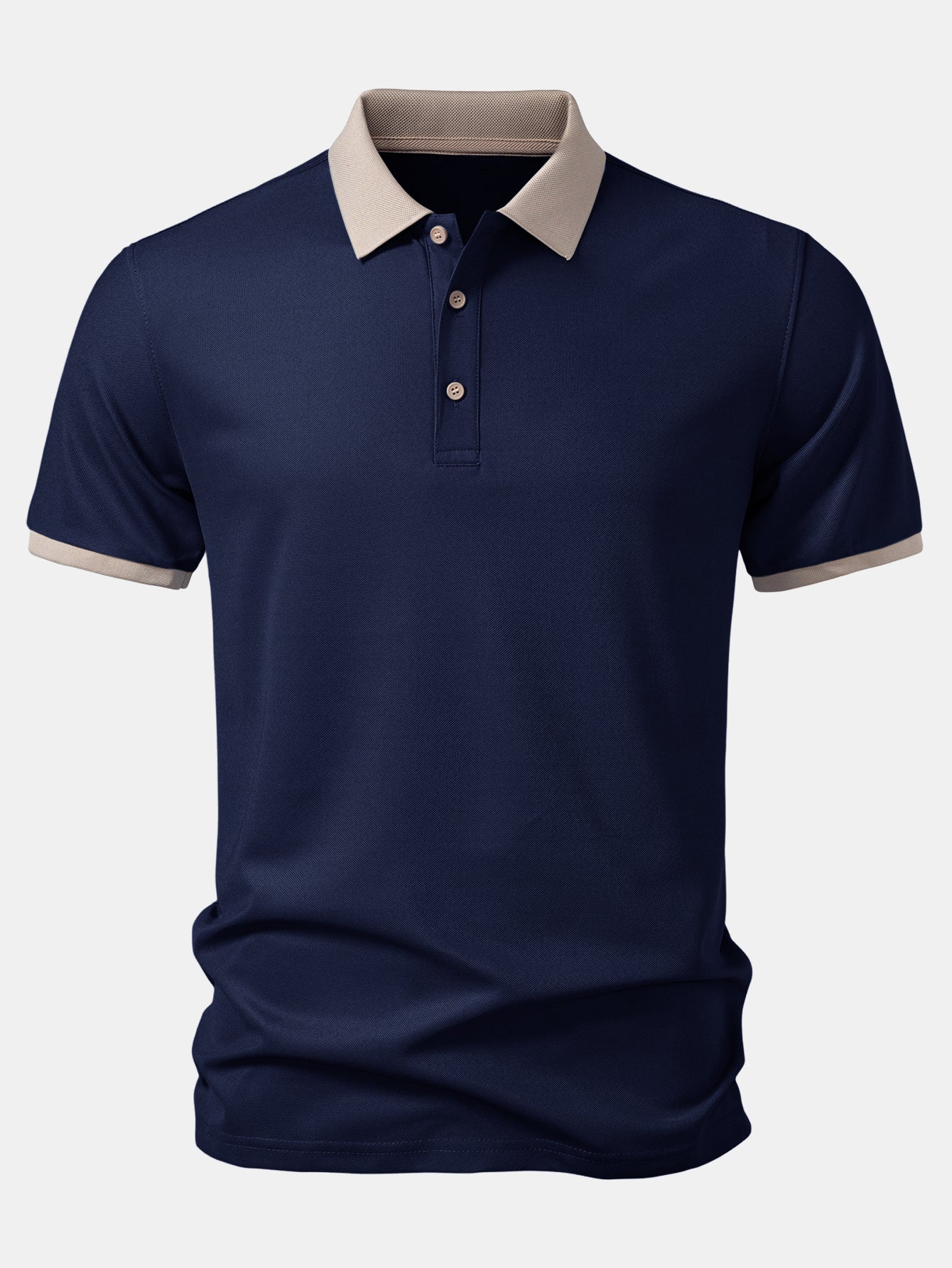 Camiseta polo azul marino con cuello beige y tapeta con botones