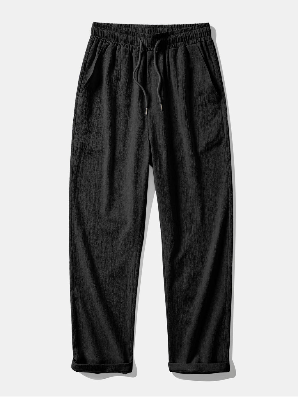 Pantalón recto negro con cintura elástica y cordón ajustable