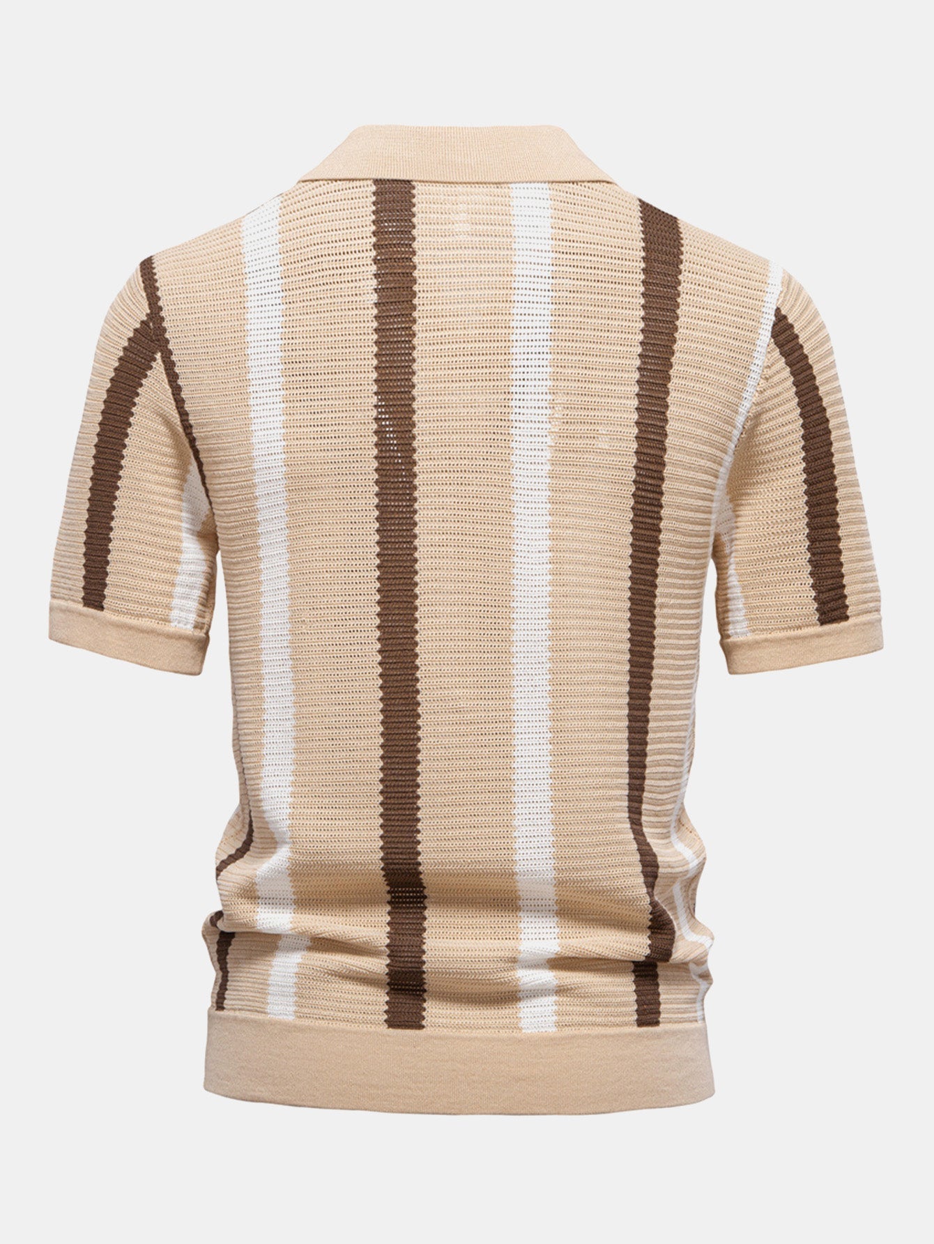 Polo de punto Firenze de espalda con rayas verticales beige y marrones.