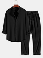 Conjunto de camisa acanalada negra de manga larga y pantalón recto con cordón