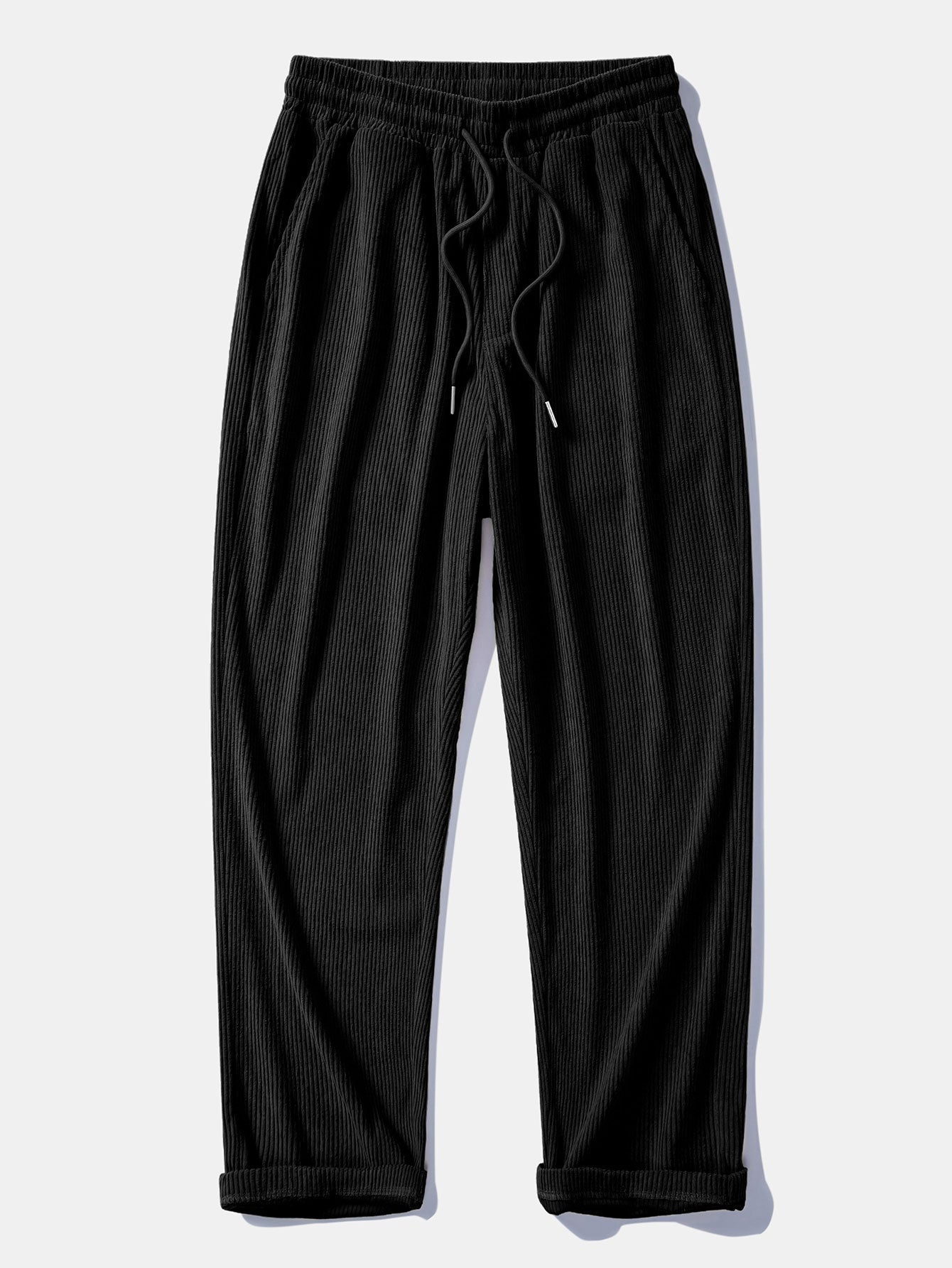 Pantalón recto de pana Terra negro, cordón en la cintura y puños en el bajo