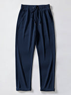 Pantalón recto azul marino con cintura elástica y cordón, tejido acanalado