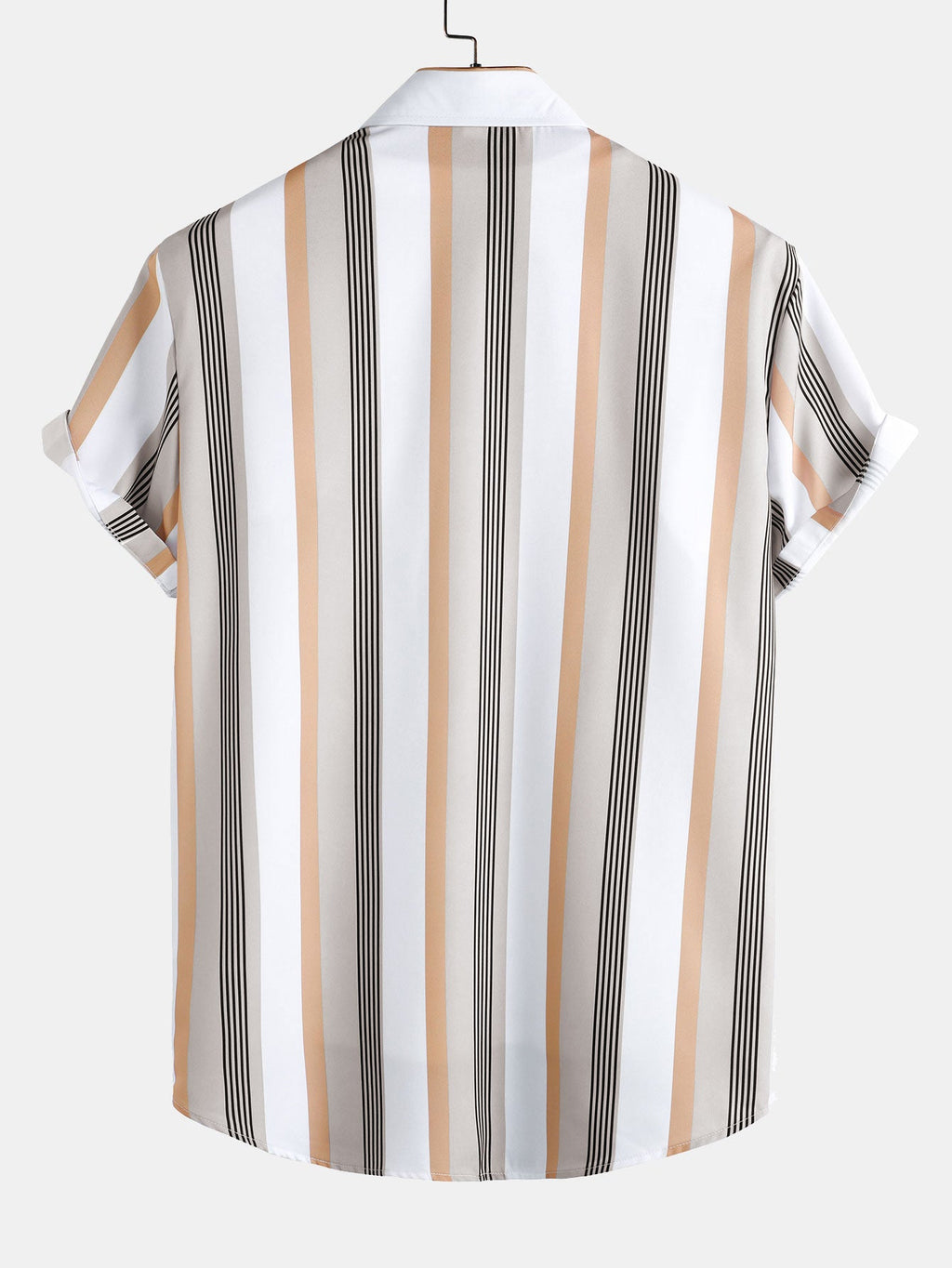 Camisa abotonada a rayas verticales beige, blancas y negras, vista trasera