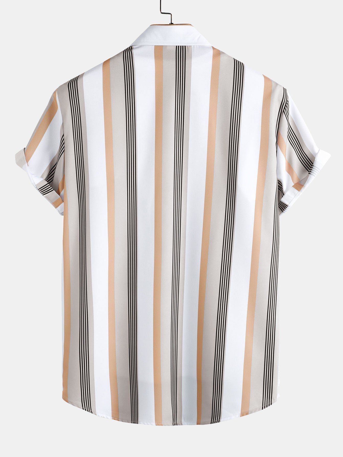 Camisa abotonada a rayas verticales beige, blancas y negras, vista trasera