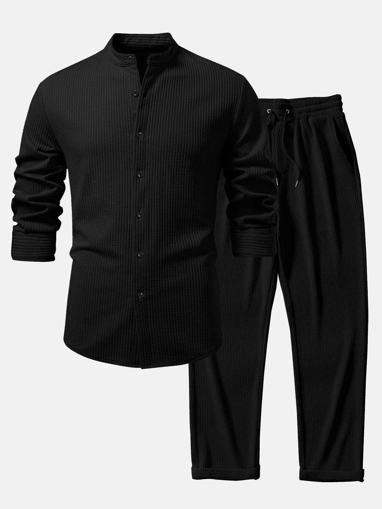 Conjunto de camisa entallada de manga larga y pantalón recto acanalado negro