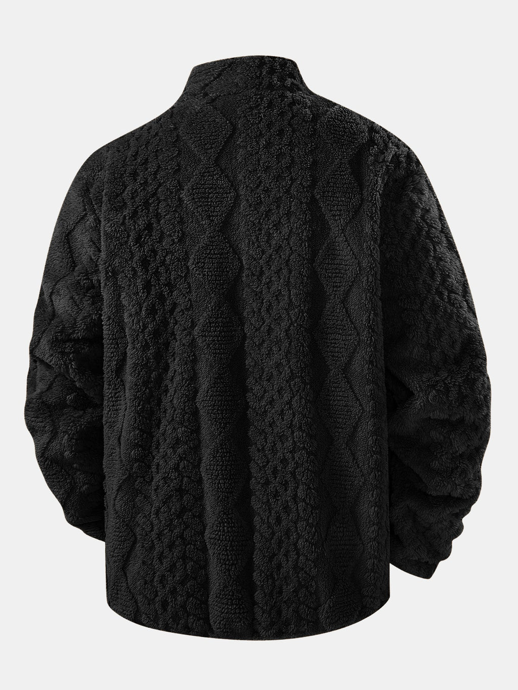 Chaqueta teddy jacquard negra, vista trasera con textura ondulada y cuello alto