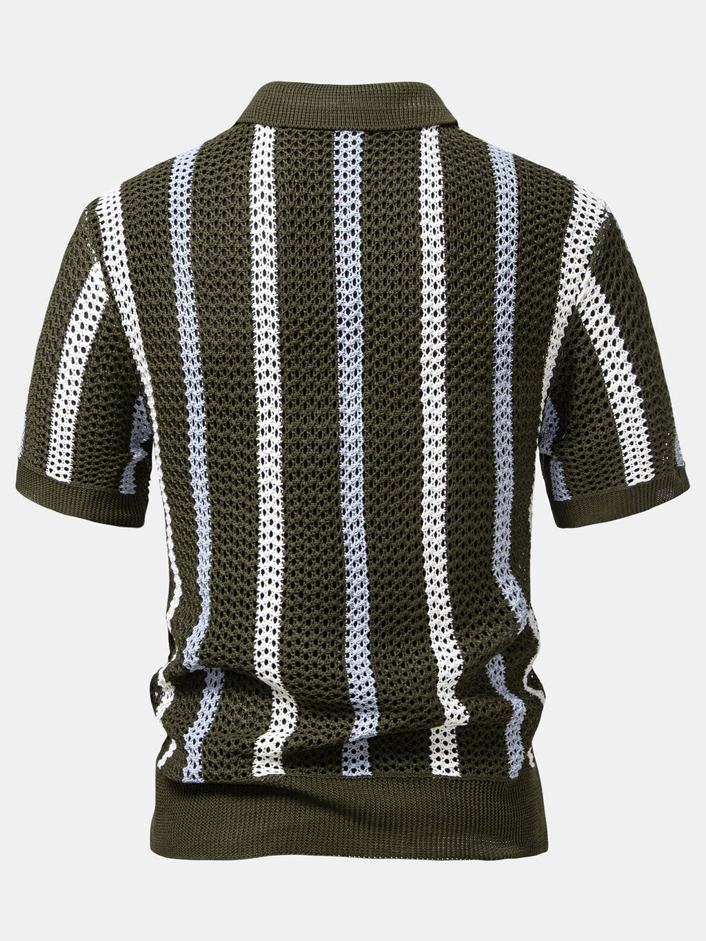 Polo de punto verde oscuro con rayas verticales blancas, vista trasera, manga corta