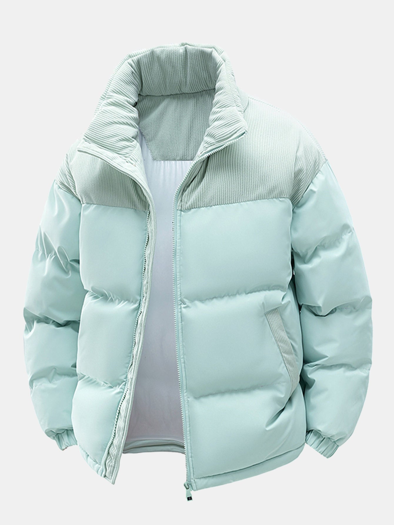Chaqueta acolchada verde menta con capucha, cierre frontal y puños elásticos