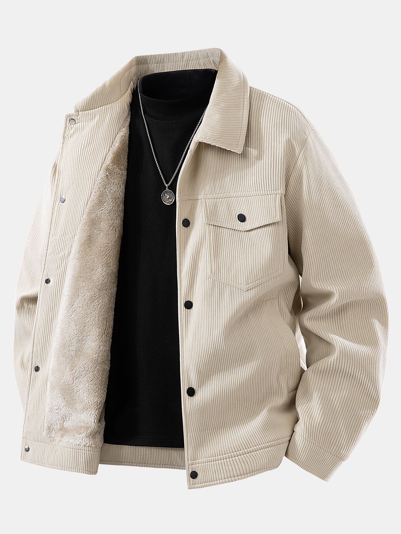 Chaqueta de pana beige con forro teddy claro visible y cierre frontal con botones.