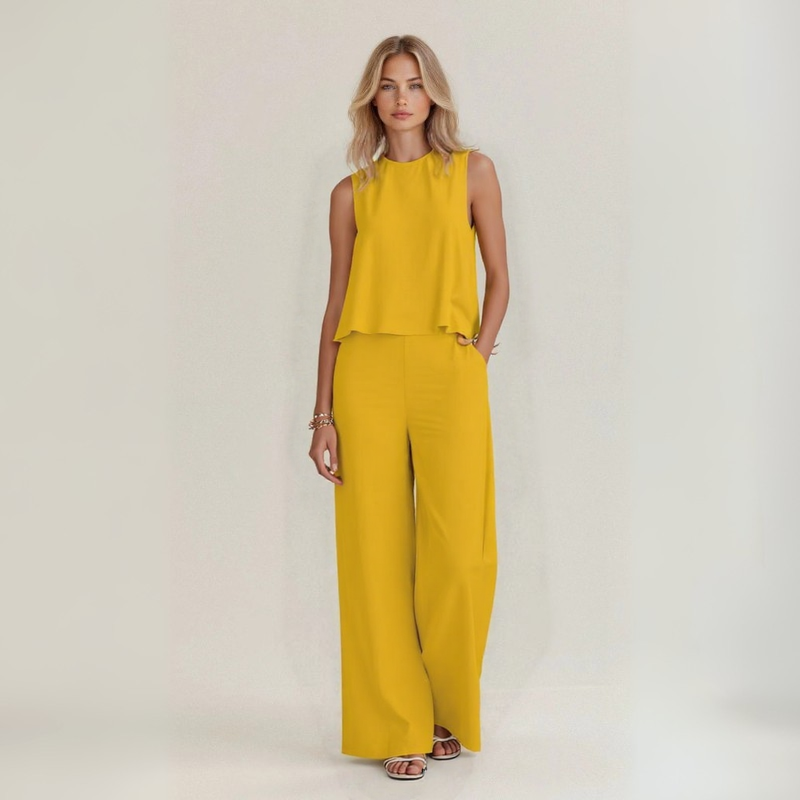 Conjunto de lino amarillo: top sin mangas y pantalón de pierna ancha de cintura alta