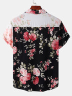 Camisa floral bicolor con estampado de rosas; negro en la parte trasera, manga corta