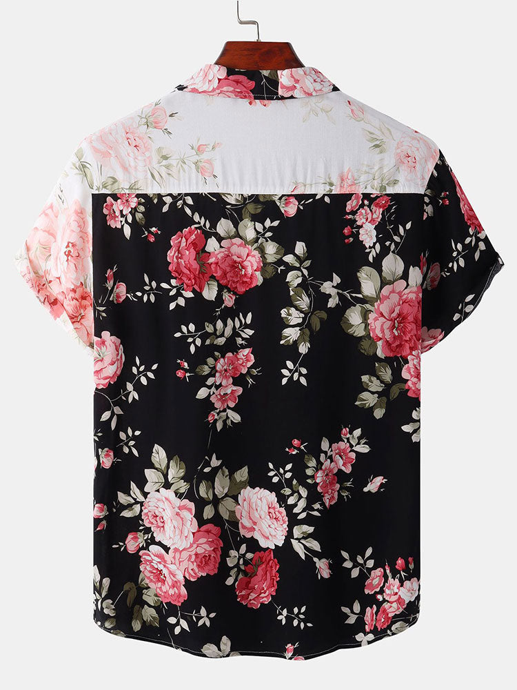 Camisa floral bicolor con estampado de rosas; negro en la parte trasera, manga corta