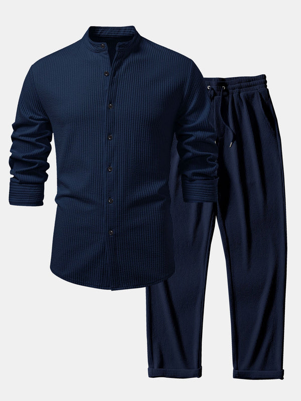 Conjunto de camisa entallada de manga larga y pantalón recto acanalado azul marino