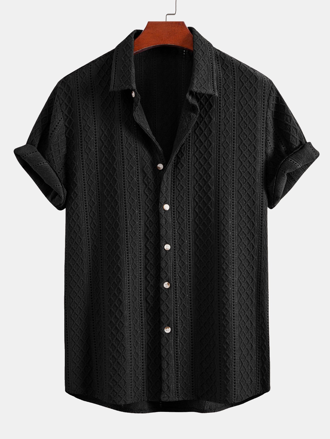 Conjunto de camisa abotonada negra jacquard y pantalón recto negro con puño elástico