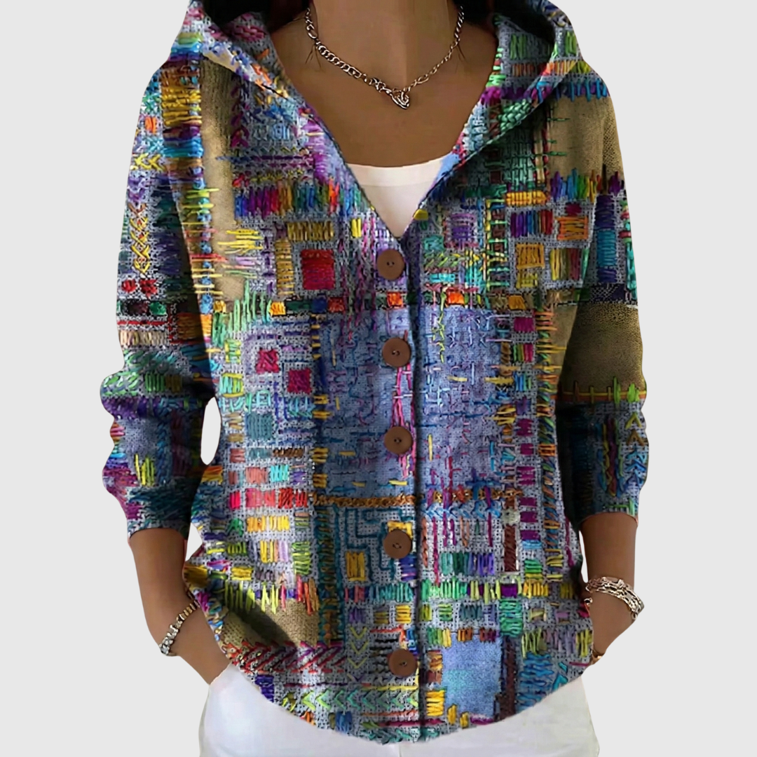 Chaqueta de punto con capucha Gloria, estampado multicolor, botones frontales
