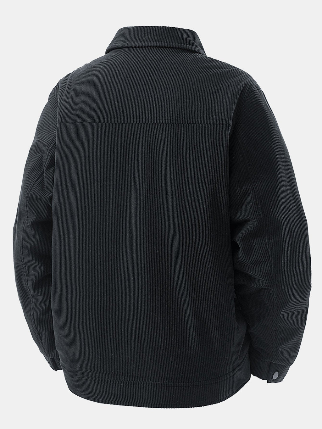 Chaqueta de pana negra por detrás, cuello alto y puños acanalados.