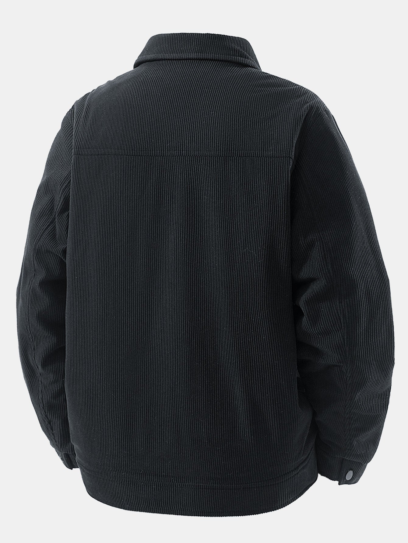 Chaqueta de pana negra por detrás, cuello alto y puños acanalados.