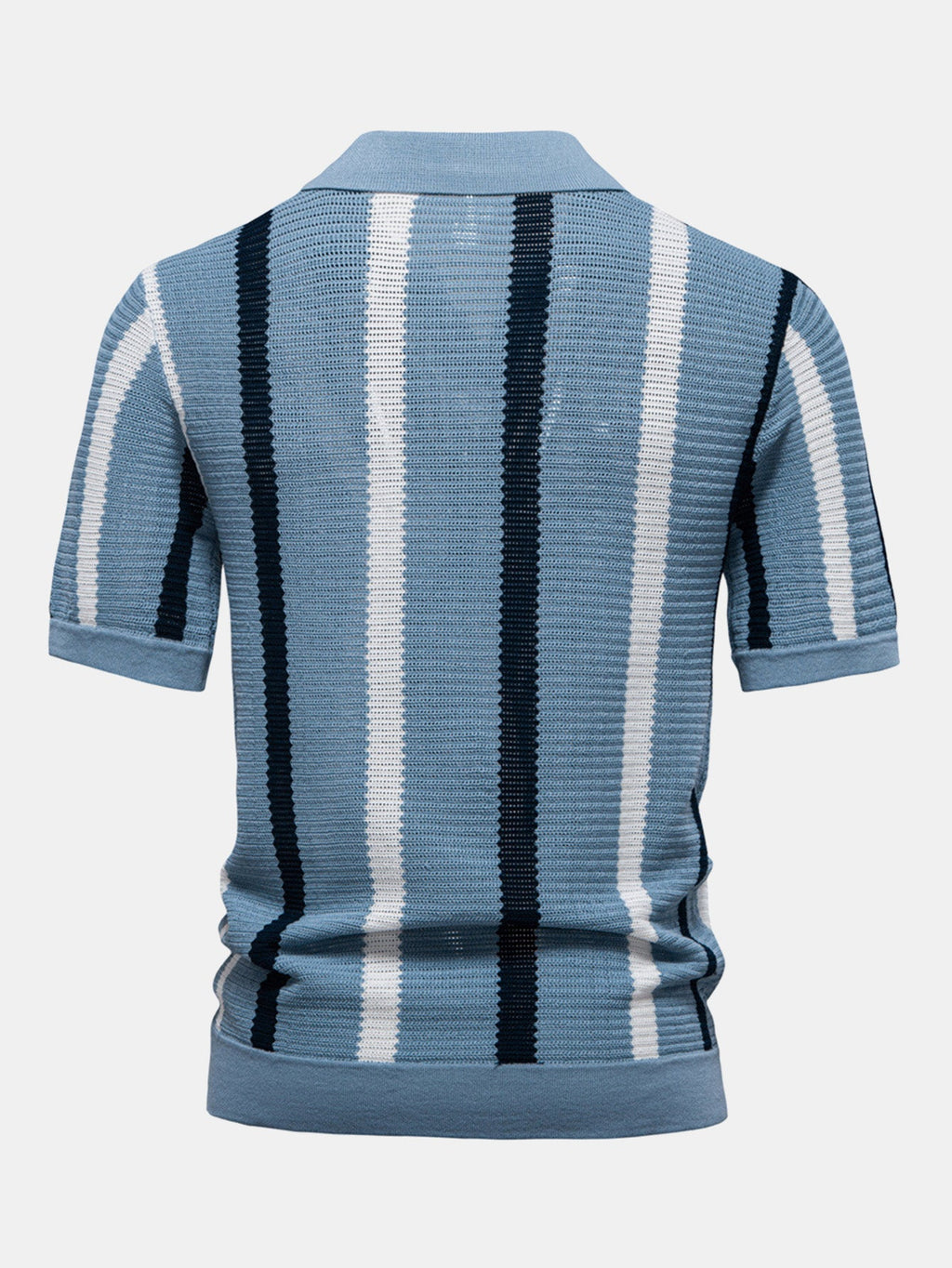Polo de punto Firenze de espalda con rayas verticales azul claro y azul marino.