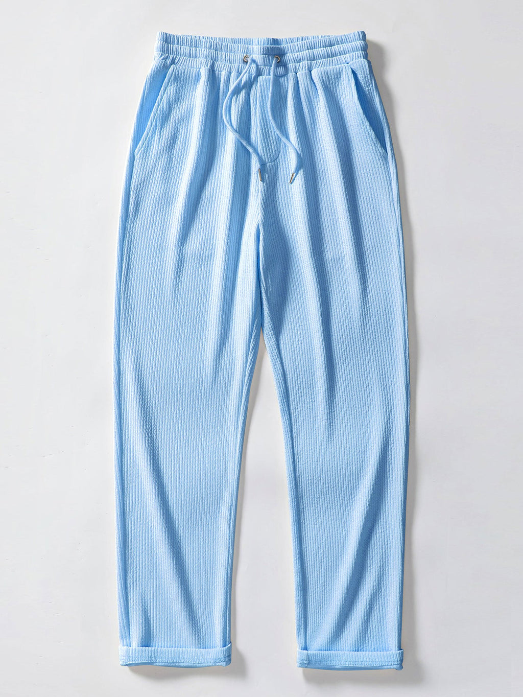 Pantalón recto acanalado azul claro, cintura elástica con cordón y dobladillo elástico