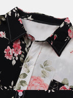 Camisa floral bicolor con cuello y tapeta; estampado de rosas negro y blanco