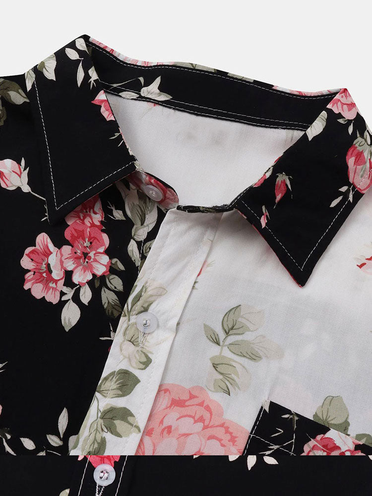 Camisa floral bicolor con cuello y tapeta; estampado de rosas negro y blanco