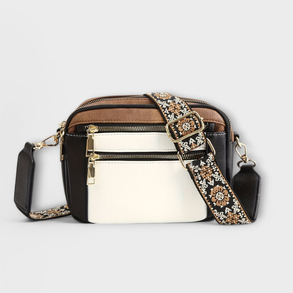 Bolso bandolera retro marrón y blanco con correa estampada floral y broches metálicos