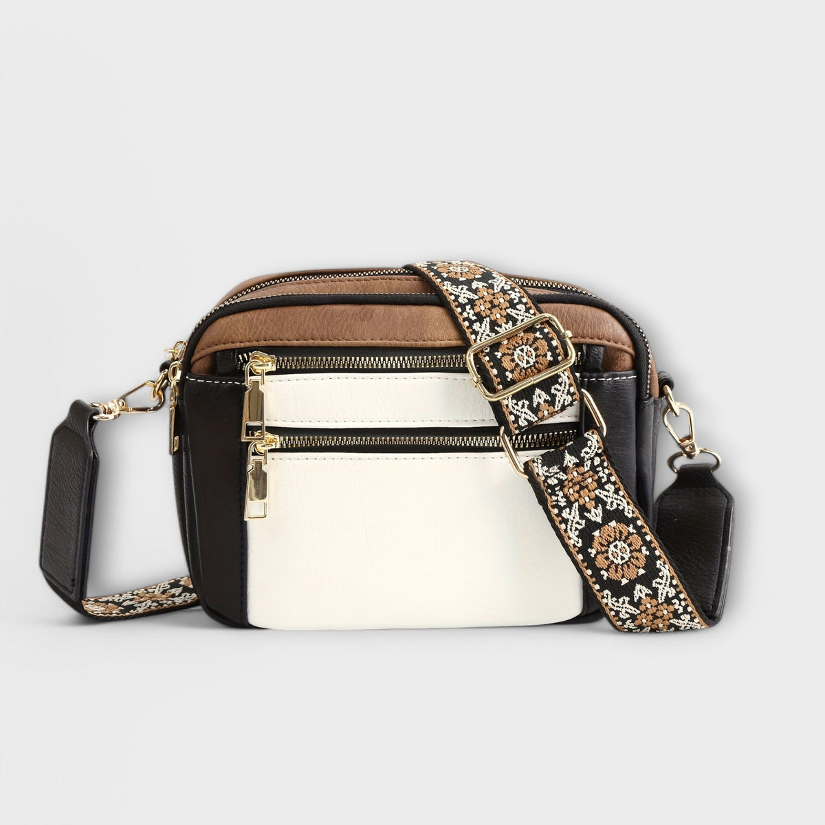 Bolso bandolera retro marrón y blanco con correa estampada floral y broches metálicos