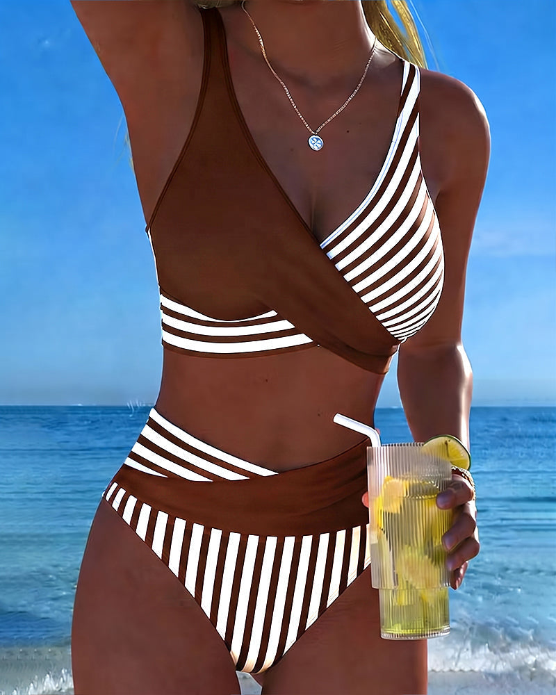 Bikini de rayas cruzado Giulia marrón y blanco, top cruzado y braguita a rayas