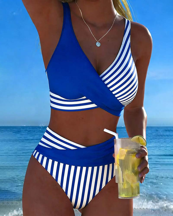 Bikini de rayas cruzado Giulia azul y blanco, top cruzado y braguita a rayas