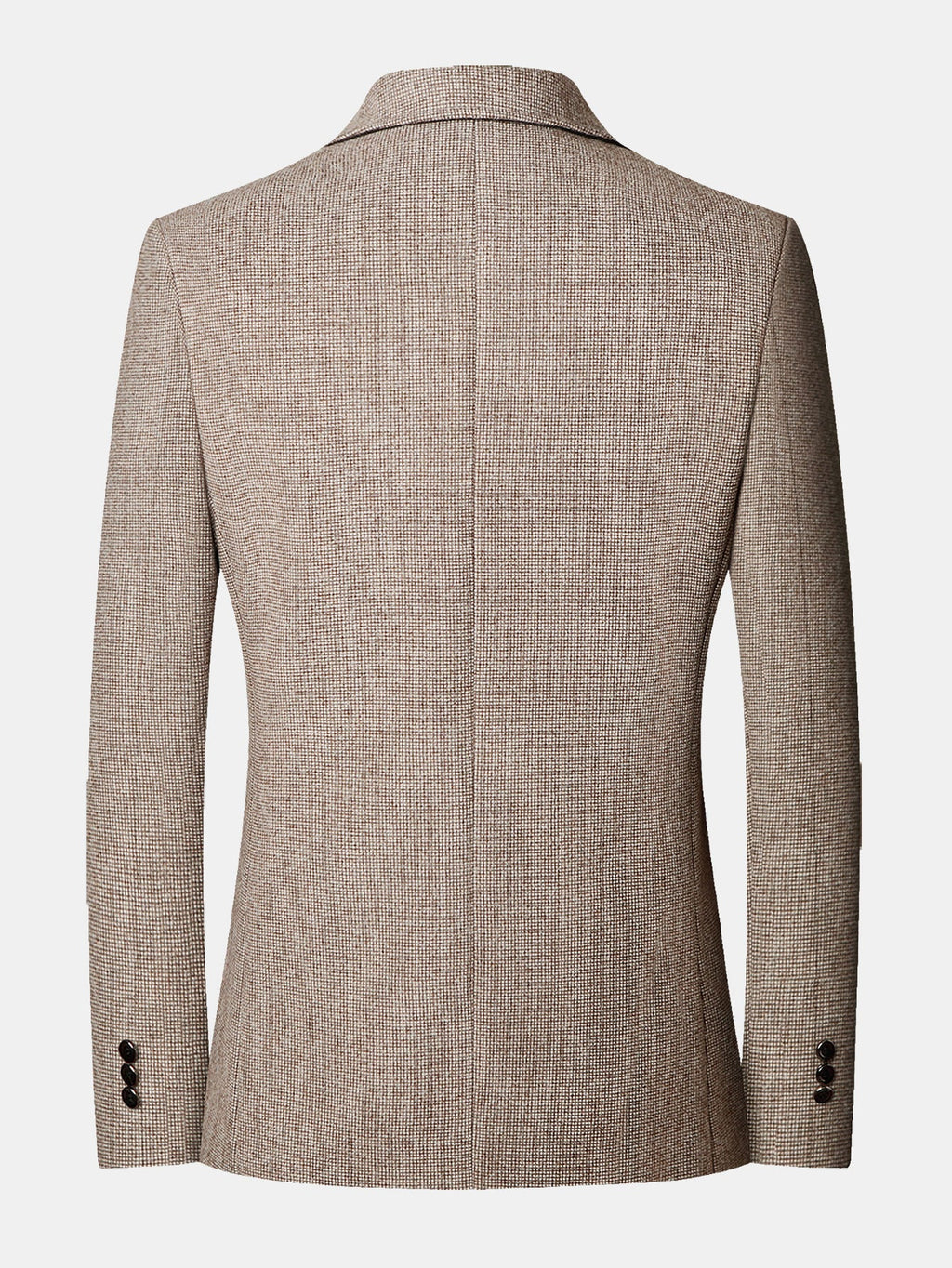 Blazer de cuadro príncipe beige visto por la espalda con costuras centrales y botones