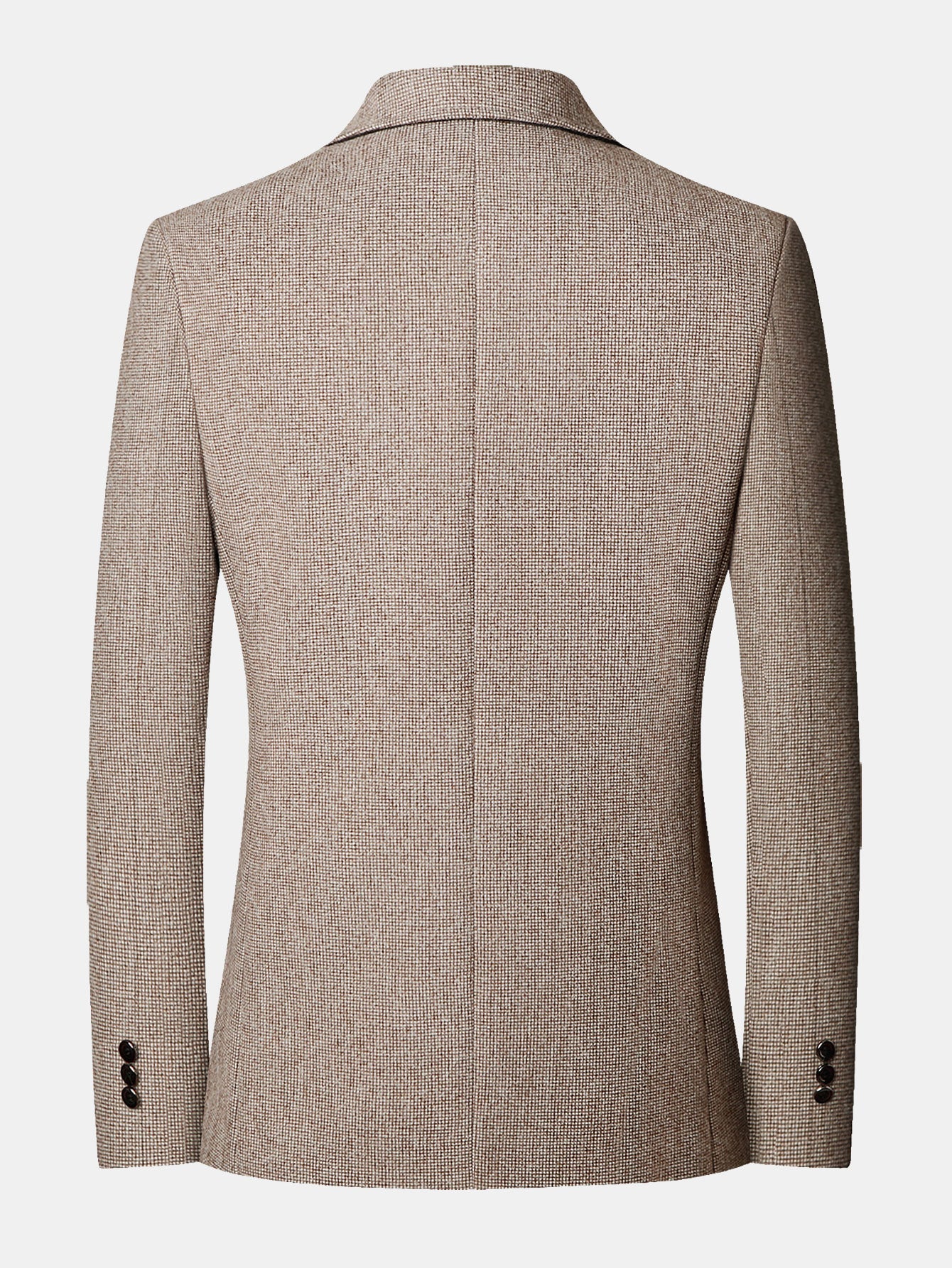 Blazer de cuadro príncipe beige visto por la espalda con costuras centrales y botones