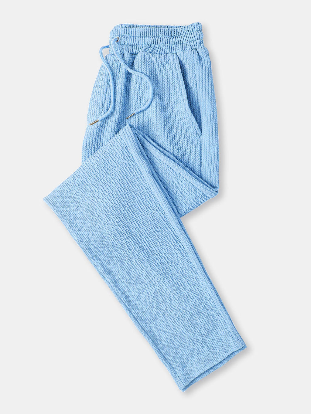 Pantalones rectos celeste de tejido acanalado con cintura elástica y cordón