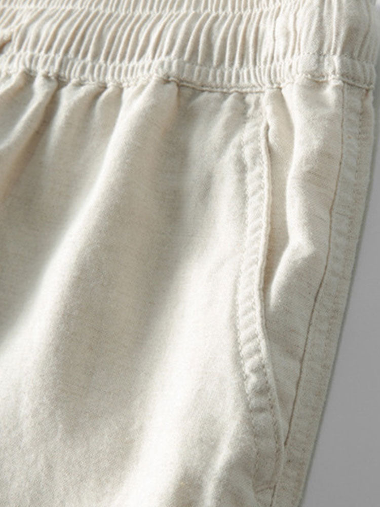 Pantalón recto de lino con cinturilla elástica, color crema